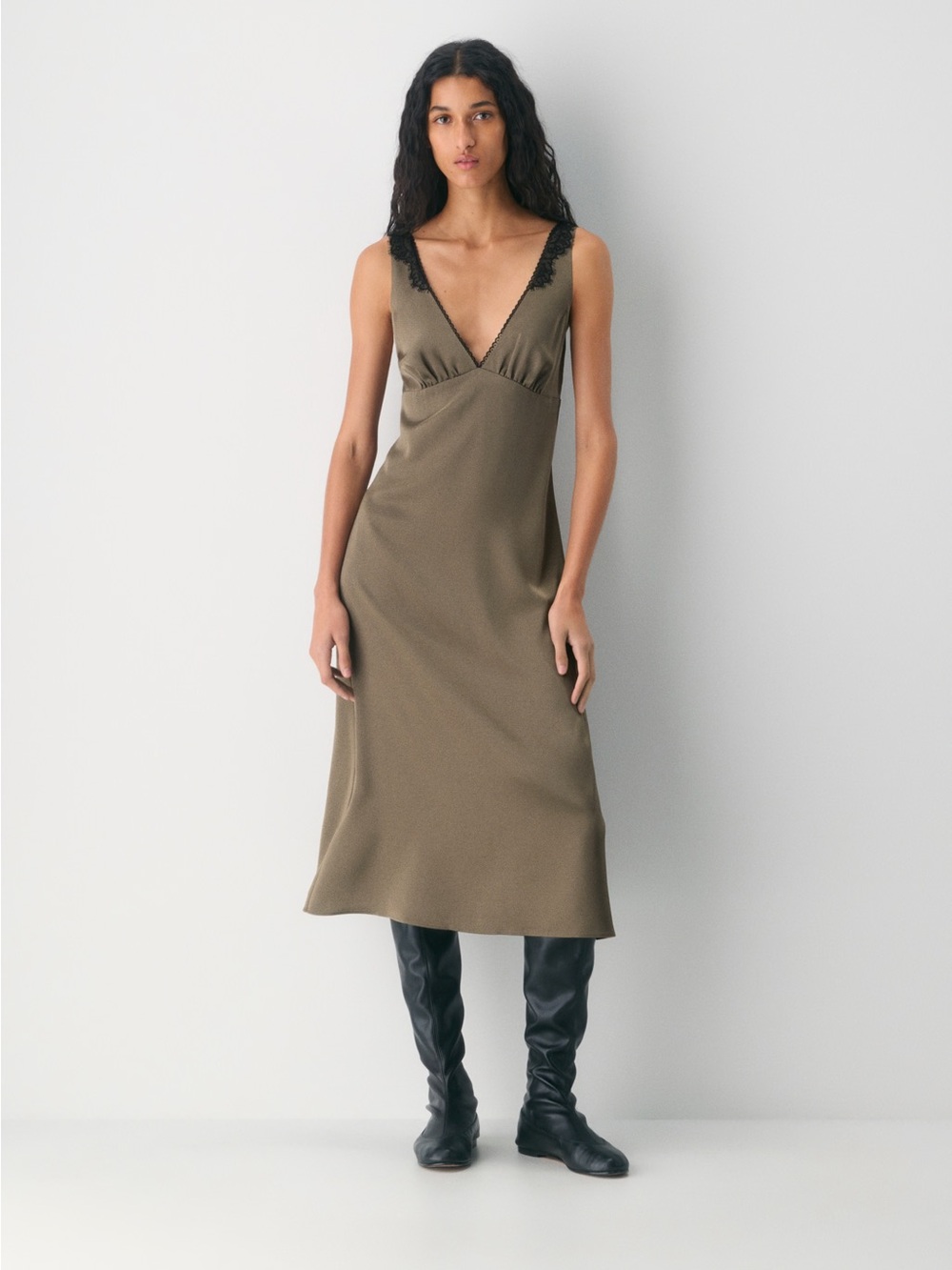 Wilfred Olive Satin Slip Dress with Black Lace Trim